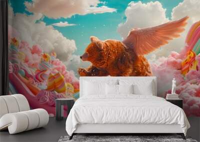 Fantasy Bear with Wings in a Whimsical Candy Land with Colorful Clouds and Sweets Wall mural