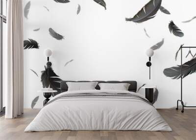 abstract black feathers floating on white background Wall mural