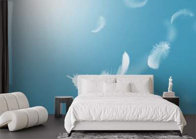 Abstract White Bird Feathers Falling in The Sky. Feathers Floating in Heavenly.	
 Wall mural