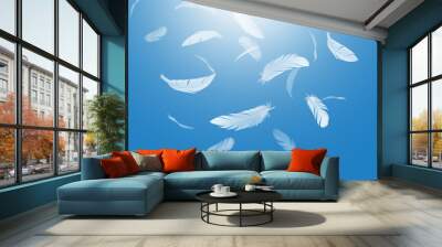 Abstract White Bird Feathers Falling in The Sky. Feathers Floating in Heavenly. Wall mural