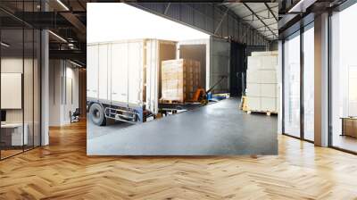 Bulk pallets of packaging boxes being loaded onto a container truck. distribution warehouse Container transport, supply chain, parcel delivery. Freight truck, logistics, transportation. Wall mural