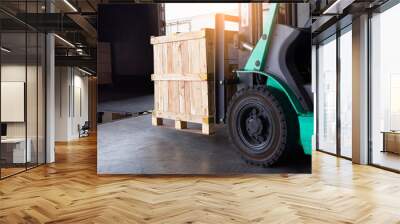 Cargo shipment, Freight truck, Warehousing and Delivery service. Forklift loading crate wooden into cargo container truck. Logistics and Transportation Wall mural