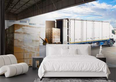 Container Trucks Parked Loading Package Boxes Pallets at Warehouse Dock. Supply Chain, Distribution Warehouse Shipping, Supplies Shipment Boxes. Freight Truck Logistic, Cargo Transport. Wall mural