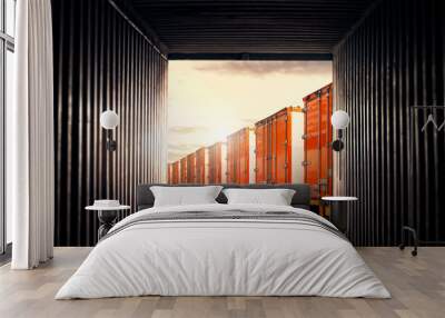 Inside View Cargo Container. Semi TrailerTrucks Parked Lot with The Sunset Sky. Shipping Container. Delivery Transit. Freight Trucks Logistics Cargo Transport. Wall mural