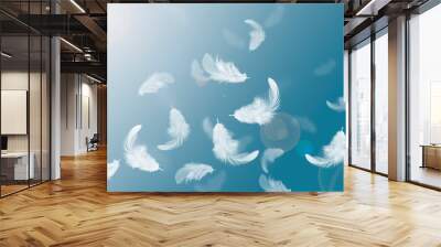 Light fluffy a white feathers floating in air, feather abstract in freedom concept background. Wall mural