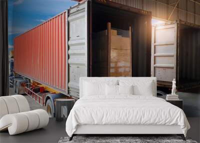 Package Boxes on Pallet Loading into Shipping Cargo Container. Trucks Parked Loading at Dock Warehouse. Supply Chain Shipment Logistics. Cargo Freight Truck Transport. Wall mural