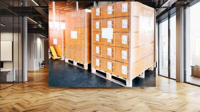 Packaging Boxes Stacked Wrapped Plastic Film with L-shape Pallet Corrugated Paper Cardboard Angle Corner Edge Protector. Supply Chain. Storehouse Commerce Shipment. Shipping Warehouse Logistics. Wall mural