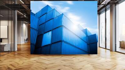 Row of Stacked Containers Cargo Shipping. Handling of Logistics Transportation Industry. Cargo Loads Container ships, Freight Trucks Import-Export. Distribution Warehouse. Shipping Logistics Transport Wall mural