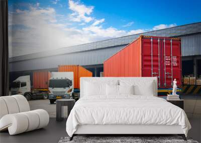 Semi Trailer Trucks on The Parking Lot. Trucks Loading at Dock Warehouse. Shipping Cargo Container Delivery Trucks. Distribution Warehouse. Freight Trucks Cargo Transport. Warehouse Logistic. Wall mural