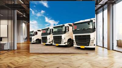 Semi truck parked lined up, Road freight industry transport. Road freight industry cargo service, Logistics and transportation. Wall mural