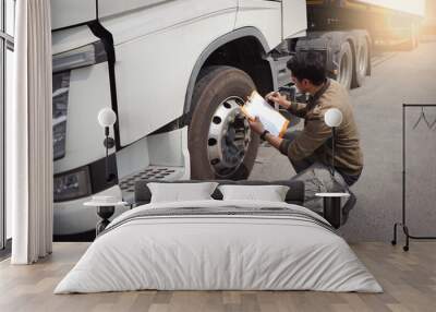 Truck inspection maintenance and repairing. A truck driver holding clipboard his checking safety a truck wheels tires of semi truck. Wall mural