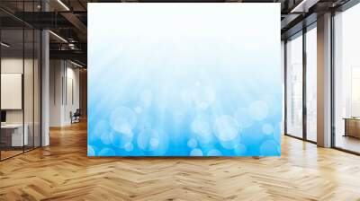 White lights bokeh, Bubbles, Summer holiday on a blue wide background. Seasonal cooling light decorative abstract design element.  Wall mural