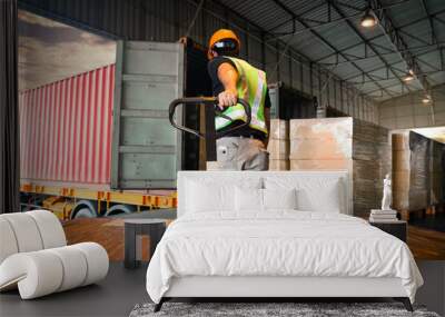 Workers Unloading Package Boxes on Pallets in Warehouse. Cargo Delivery Load with Shipping Container. Forklift. Supplies Warehouse. Supply Chain Shipment Goods. Distribution Freight Truck Logistics. Wall mural