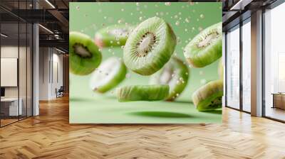 levitating kiwi fruit cutted pieces green pastel background Wall mural