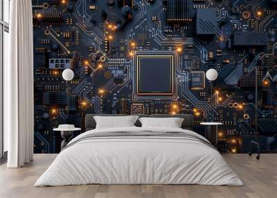 top view microchip and circuit circuit. cpu motherboard digital chip technology background. Wall mural