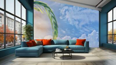 Young tamarind green leaves on blue sky with cloud. Nature background. Wall mural