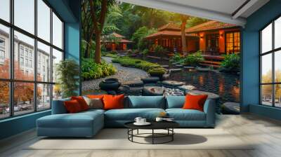 A beautiful resort with a traditional Asian design, surrounded by lush greenery and a tranquil river. The perfect place to relax and rejuvenate. Wall mural