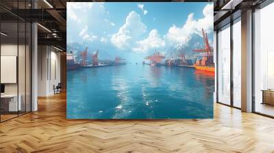 A busy harbor with cargo ships, cranes, and containers against a backdrop of mountains and a blue sky. Wall mural