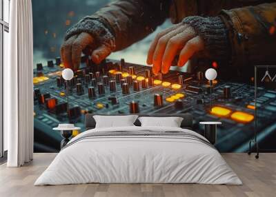 A DJ's hands mixing music on a mixer during a winter snowstorm. Wall mural