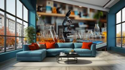 A microscope and beakers filled with colorful liquids sit on a laboratory bench. Wall mural