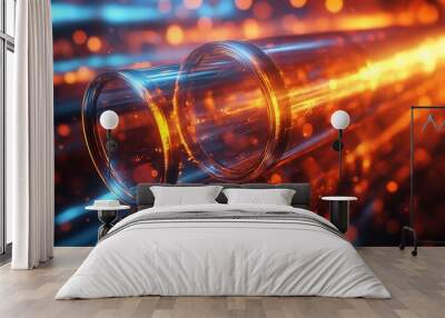 Two glass tubes with glowing light inside, on a dark background with bokeh lights. Wall mural