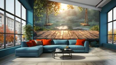 Wooden platform with two swings hanging from a tree in a forest with the sun shining through the leaves. Wall mural