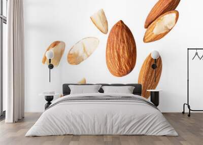 almond piece fly explosion on white isotated .Clipping path Wall mural