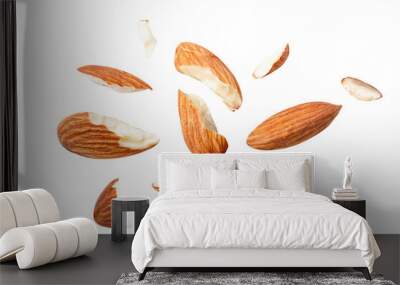 almonds baked pieces snack  and cracks Spread out  on white isolated .Clipping path - Wall mural