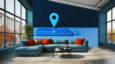 Blue pin icon on a world map, pointing to a specific location Wall mural