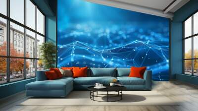 digital wave. network connection tech abstract blue background with particles Wall mural