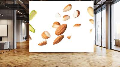 set raw cracked pistachios, almonds and peanut isolated on white background. Concept of Pistachios almonds and peanut is torn to pieces close-up. clipping path Wall mural