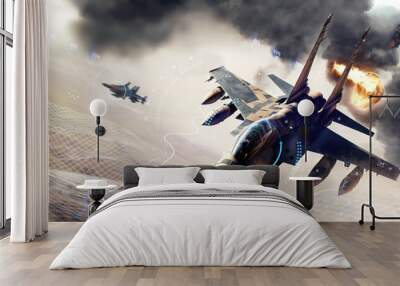 aerial high view of a generic military fighter jet crosses over a target bombing location during a special operation,as wide banner with copyspace area for world war conflict concepts - Generative AI Wall mural