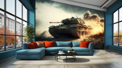 armored tank crosses a mine field during war invasion epic scene of fire and some in the desert, wide poster design with copy space area Wall mural