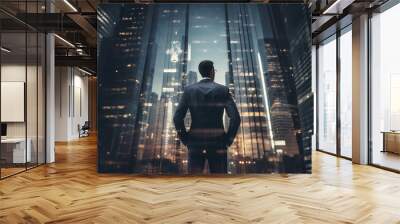 back of businessman in suit with business office glass modern buildings background for economic market stock investment, financial freedom portfolio or company profit and strategy growth IPO banner Wall mural