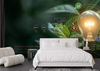 bright Light bulb with home green leaves and plants. for the concept of renewable clean energy and saving electricity bill cost using sustainable resources and consumption data Wall mural