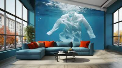 cleaning clothes washing machine or detergent liquid commercial advertisement style with floating shirt and dress underwater with bubbles and wet splashes laundry work as banner design with copy space Wall mural