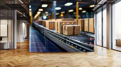 conveyor belt in a distribution warehouse with row of cardboard box packages for e-commerce delivery  and automated logistics concepts as wide banner with copysapce area - Generative AI Wall mural