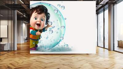 cute little boy chasing and playing with soap bubbles, wide banner with copy space area for kids play fun times concepts - Generative AI Wall mural