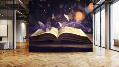 fairytale mystical open book with butterflies and golden sparkles wide banner design for headers with copy space area - Generative AI Wall mural