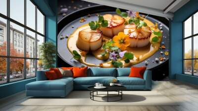 fine dining chef preparing Grilled scallops recipe in creamy butter lemon or Cajun spicy dripping sauce with herbs and garnish as wide banner poster on black background with copy space area Wall mural