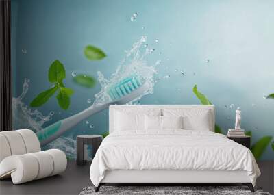 floating toothbrush for dental care and oral hygiene as electric teeth brush cleaning machine with water splashes and mint fresh breath leaves as wide banner with copy space Wall mural