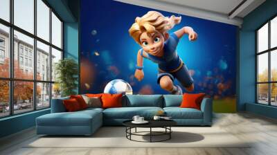 football or soccer player girl running fast and kicking a ball while training and playing a match, dynamic active pose of kids and children success in sports championship in cartoon style wide banner Wall mural