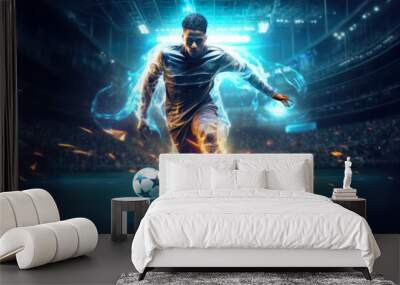 football or soccer player running fast and kicking a ball while training and playing a match at dramatic stadium shot, dynamic active pose of skill and success in sports championship wide banner Wall mural