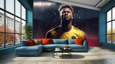 football or soccer player running fast and kicking a ball while training and playing a match at dramatic stadium shot, success in sports championship wide banner Wall mural