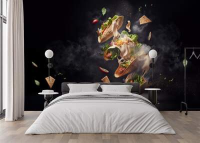 fresh hot taco with flying ingredients isolated on black background, hot ready to serve and eat banner with copy space empty area - Generative AI Wall mural