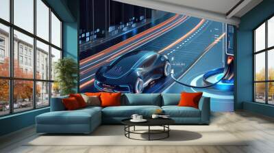 futuristic generic electric EV car vehicle parked at charging station unit charger to recharge long range battery for autonomy and super charging high speed network infrastructure services wide banner Wall mural