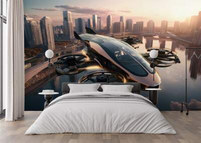 futuristic manned roto passenger drone flying in the sky over modern city for future air transportation and robotaxi concept as wide banner with copy space area - Generative AI Wall mural