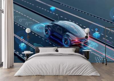 futuristic vehicles on highway with full self driving system activated for transportation autonomy concepts as wide banner with copy space area Wall mural