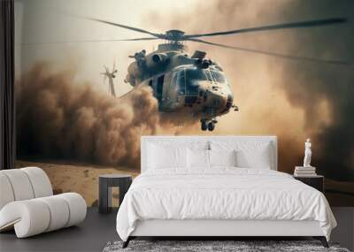 generic military chopper crosses fire and smoke in the desert during an extraction mission, wide poster design with copy space area Wall mural