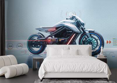 generic modern concept design speed motorbike displayed at showroom or garage bike with datum infographic information turbo or electric engine as wide banner with copy space area Wall mural